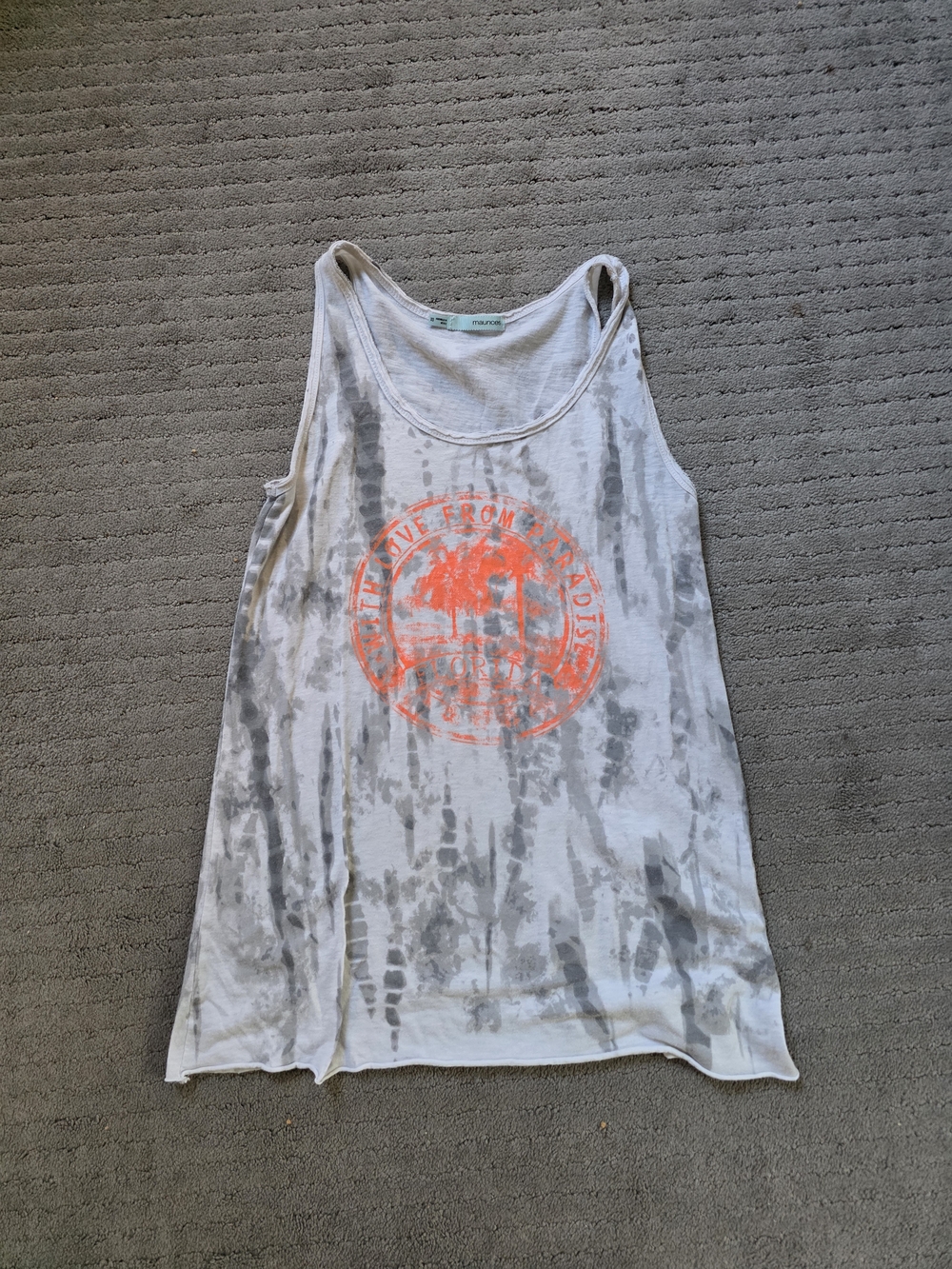 Maurices White & Gray Tie-Dye Tank with Neon Orange Palm Seal